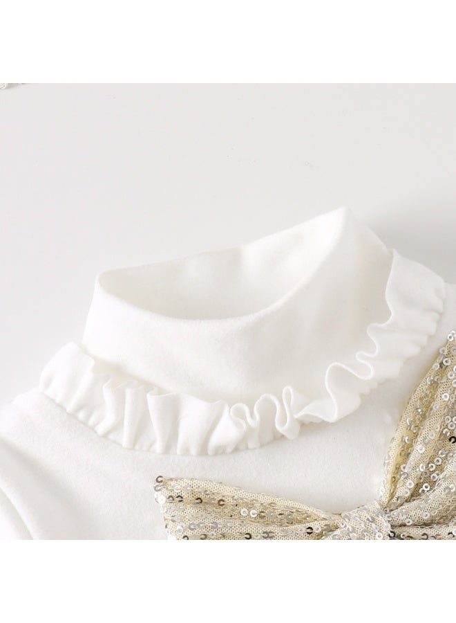 Smarties AE Girls Two Piece Set, Long Sleeve Bow Turtleneck Top with Pleated Skirt, White and Beige, Children's Boutique Clothing - Image 4